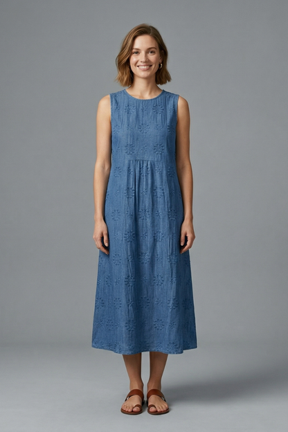 Women's Sleeveless Midi Dress - Round Neck Pockets Textured