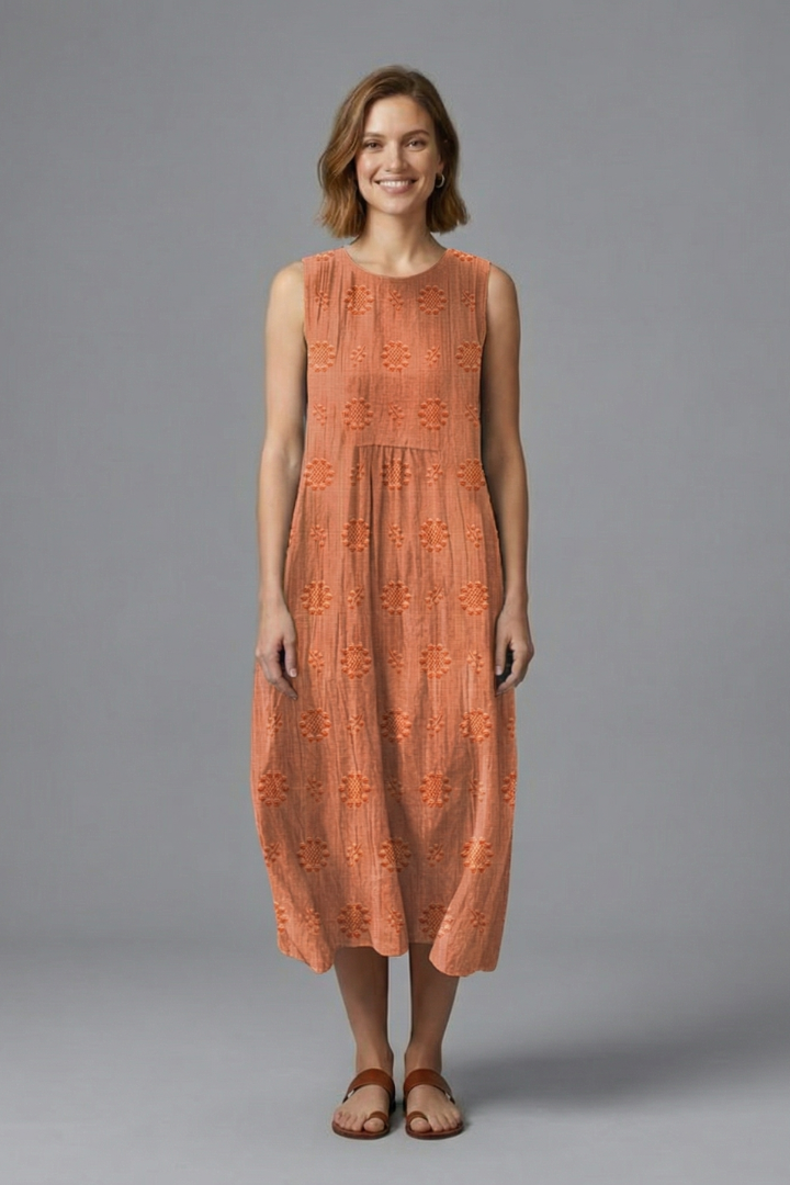 Women's Sleeveless Midi Dress - Round Neck Pockets Textured