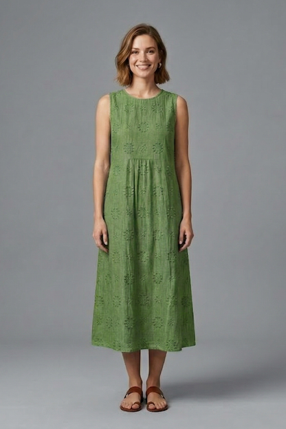 Women's Sleeveless Midi Dress - Round Neck Pockets Textured