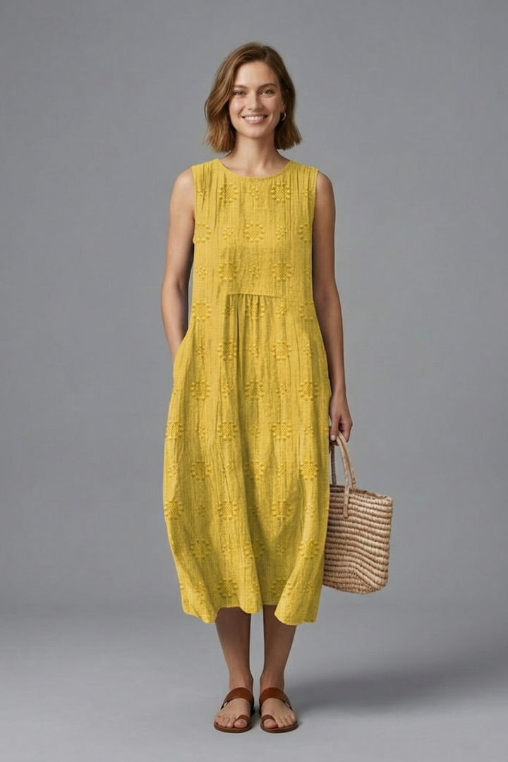 Women's Sleeveless Midi Dress - Round Neck Pockets Textured
