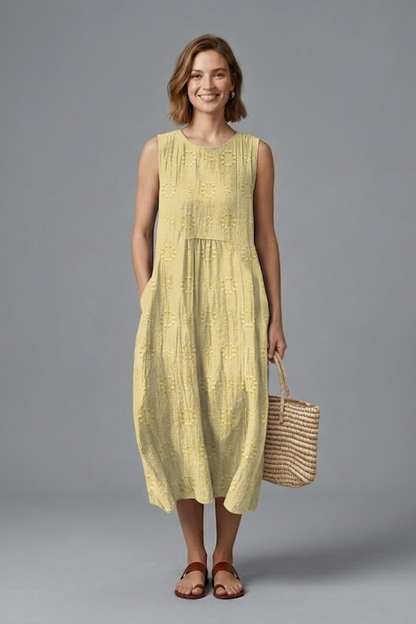 Women's Sleeveless Midi Dress - Round Neck Pockets Textured
