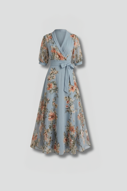 Women's Floral Midi Dress - V Neck Short Sleeve Stretch