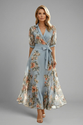 Women's Floral Midi Dress - V Neck Short Sleeve Stretch