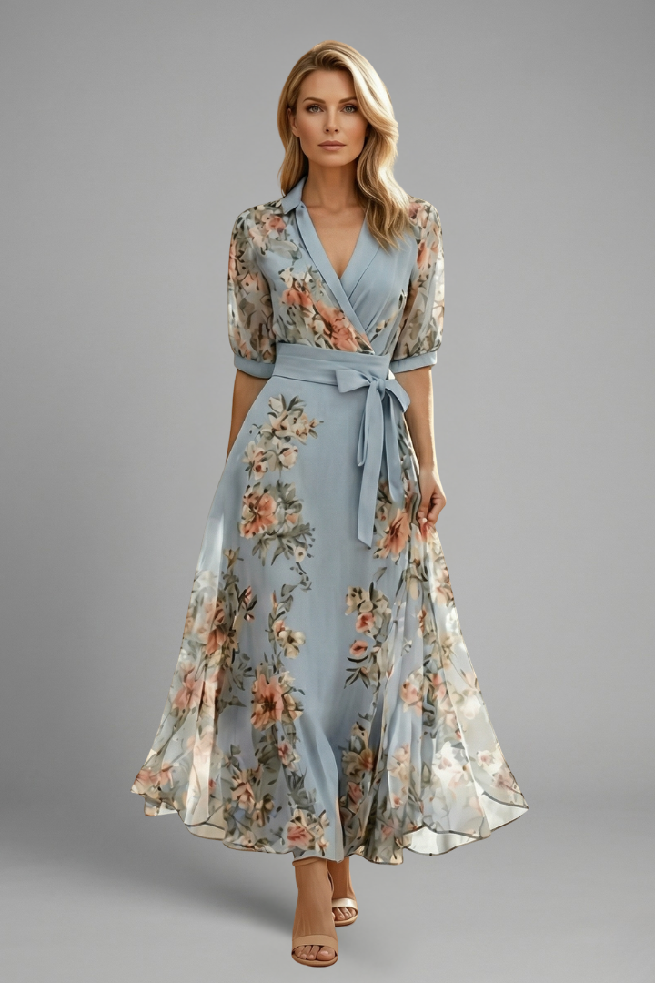 Women's Floral Midi Dress - V Neck Short Sleeve Stretch