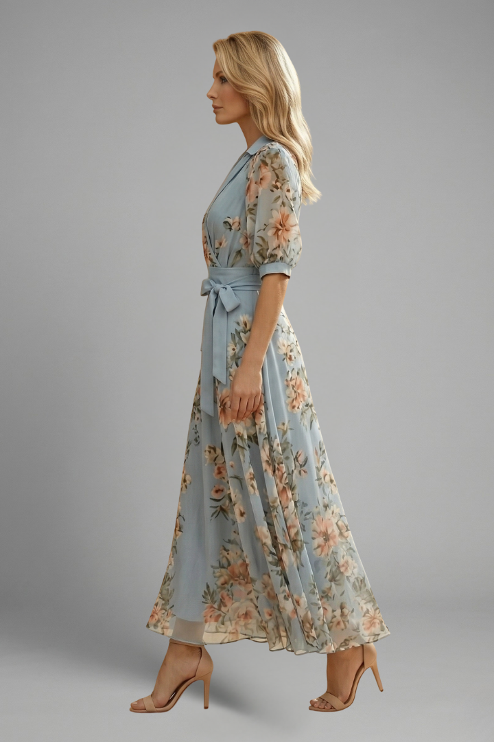 Women's Floral Midi Dress - V Neck Short Sleeve Stretch