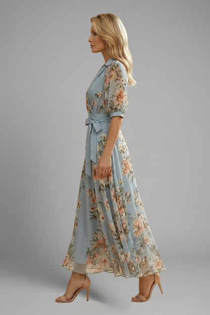 Women's Floral Midi Dress - V Neck Short Sleeve Stretch