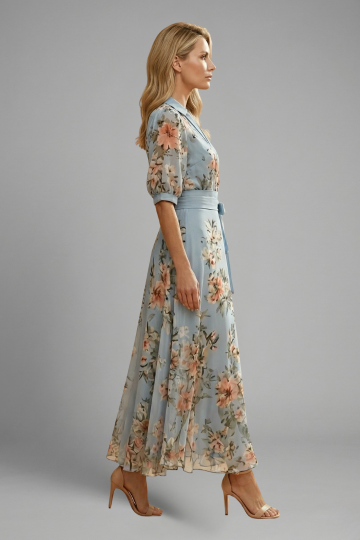 Women's Floral Midi Dress - V Neck Short Sleeve Stretch
