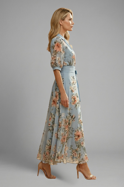 Women's Floral Midi Dress - V Neck Short Sleeve Stretch