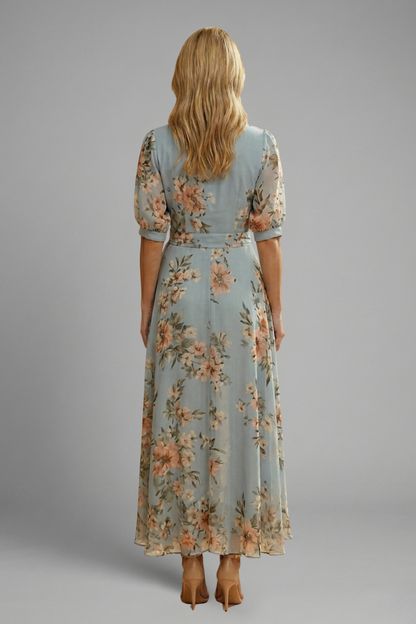 Women's Floral Midi Dress - V Neck Short Sleeve Stretch