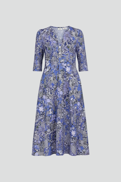 Women's Printed Midi Dress - V Neck Three-Quarter Sleeve