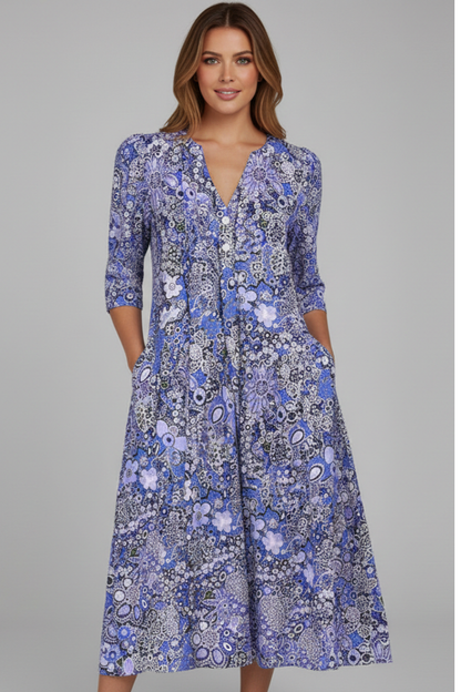 Women's Printed Midi Dress - V Neck Three-Quarter Sleeve