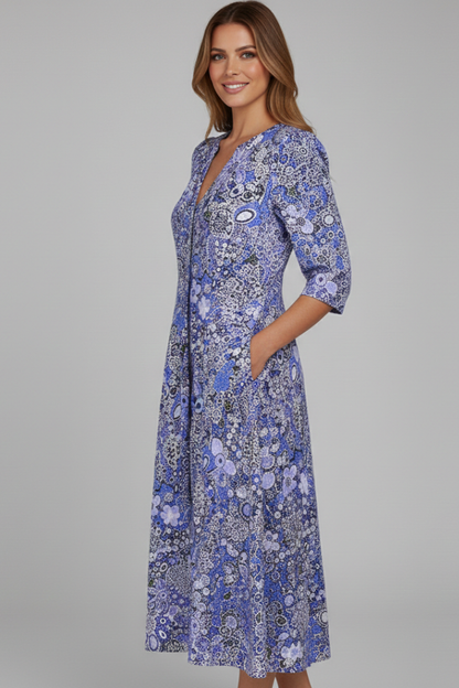 Women's Printed Midi Dress - V Neck Three-Quarter Sleeve