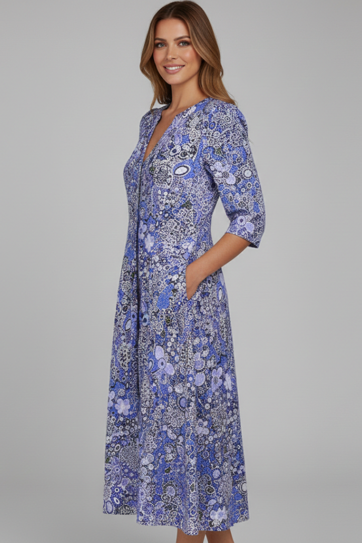 Women's Printed Midi Dress - V Neck Three-Quarter Sleeve