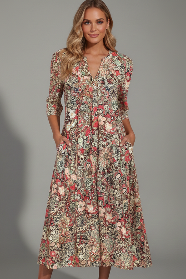 Women's Printed Midi Dress - V Neck Three-Quarter Sleeve