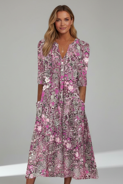 Women's Printed Midi Dress - V Neck Three-Quarter Sleeve