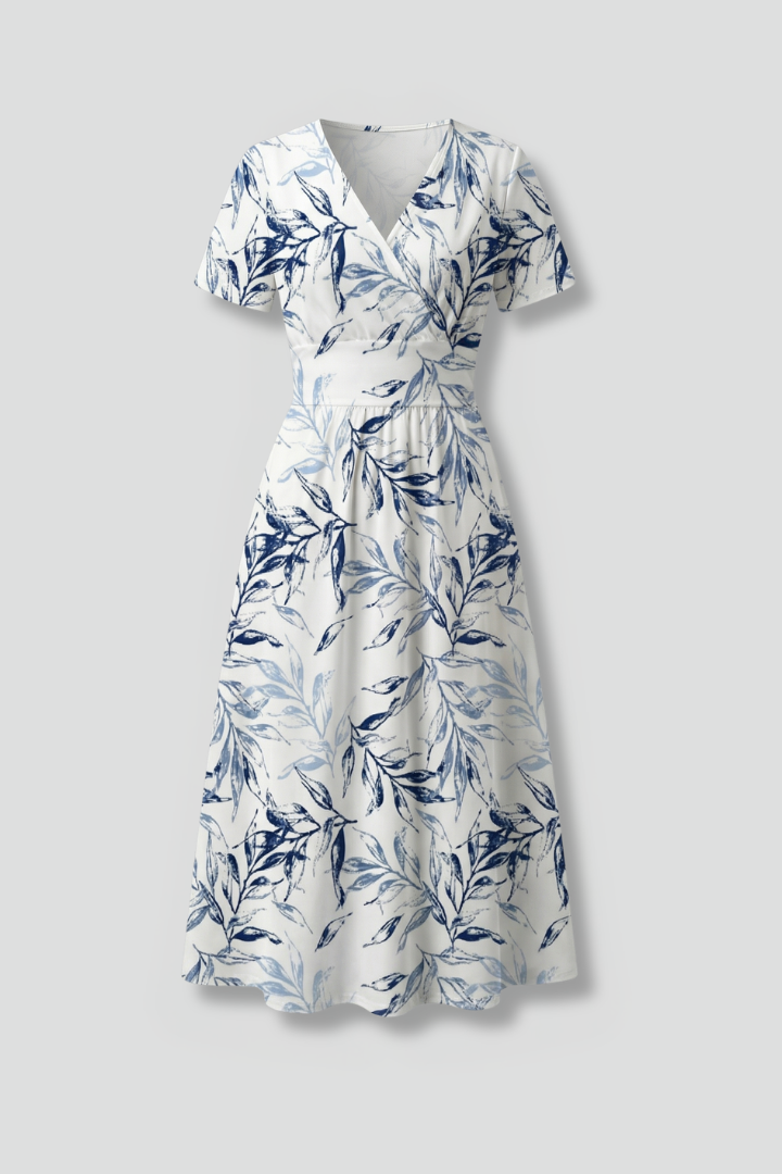 Women's Floral Print Midi Dress - V Neck A-Line Short Sleeve