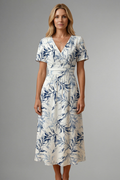 Women's Floral Print Midi Dress - V Neck A-Line Short Sleeve