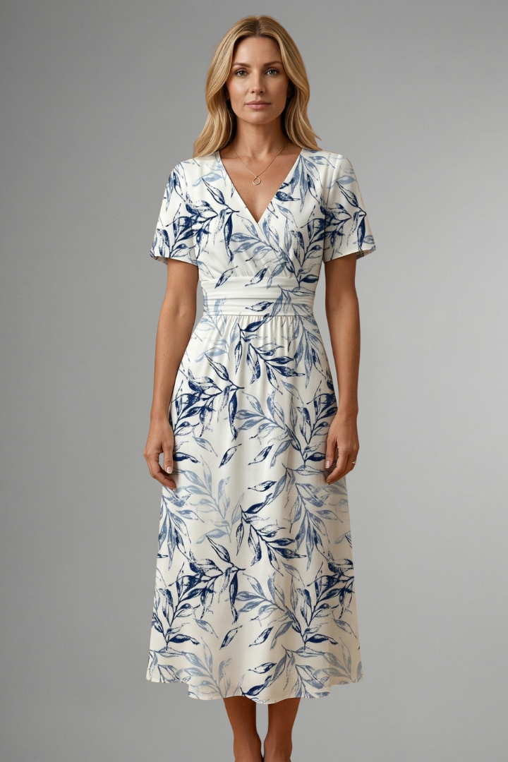 Women's Floral Print Midi Dress - V Neck A-Line Short Sleeve