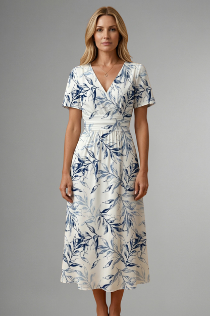 Women's Floral Print Midi Dress - V Neck A-Line Short Sleeve