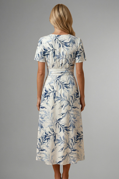 Women's Floral Print Midi Dress - V Neck A-Line Short Sleeve