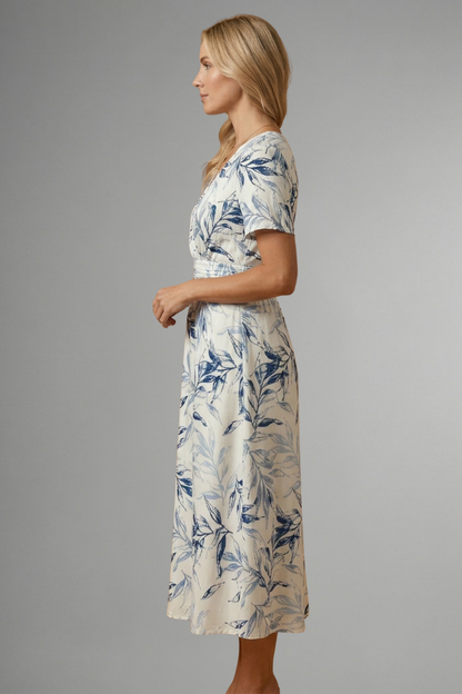 Women's Floral Print Midi Dress - V Neck A-Line Short Sleeve
