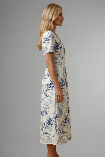 Women's Floral Print Midi Dress - V Neck A-Line Short Sleeve