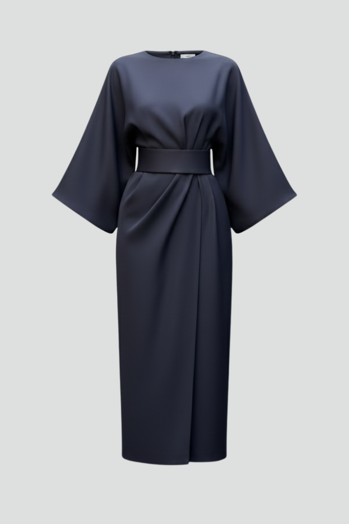 Women's Belted Midi Dress - Wide Sleeve Round Neck Dress