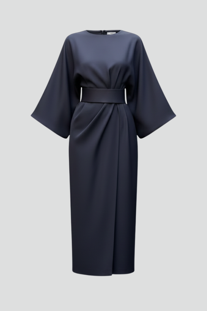 Women's Belted Midi Dress - Wide Sleeve Round Neck Dress