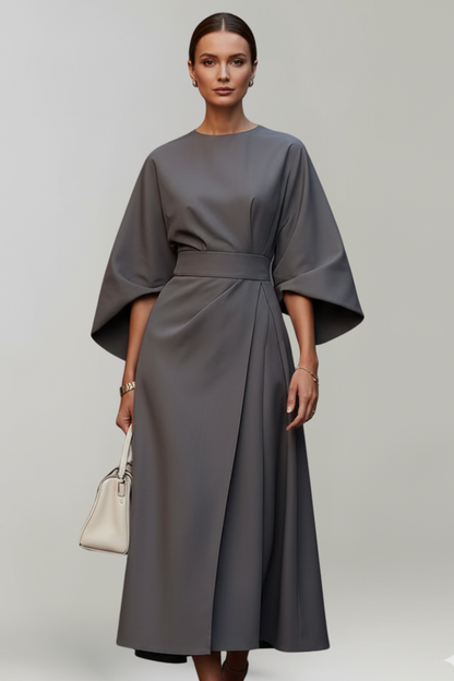 Women's Belted Midi Dress - Wide Sleeve Round Neck Dress
