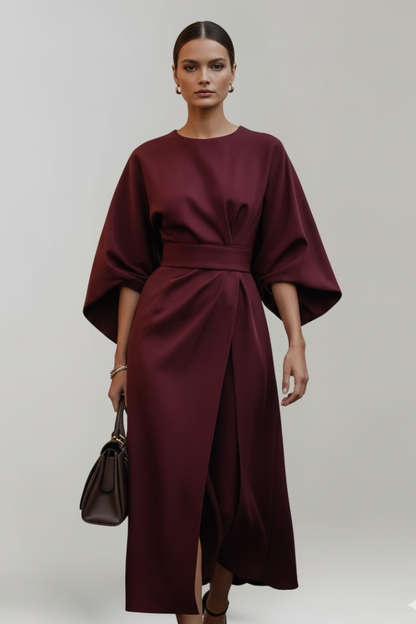 Women's Belted Midi Dress - Wide Sleeve Round Neck Dress
