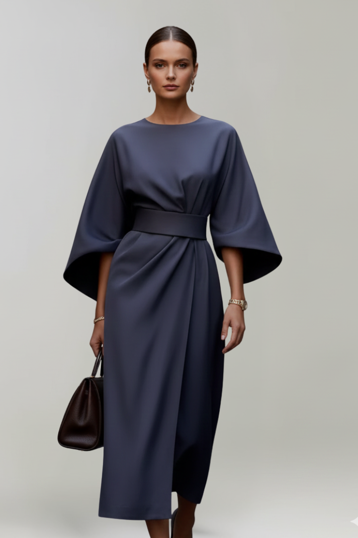 Women's Belted Midi Dress - Wide Sleeve Round Neck Dress