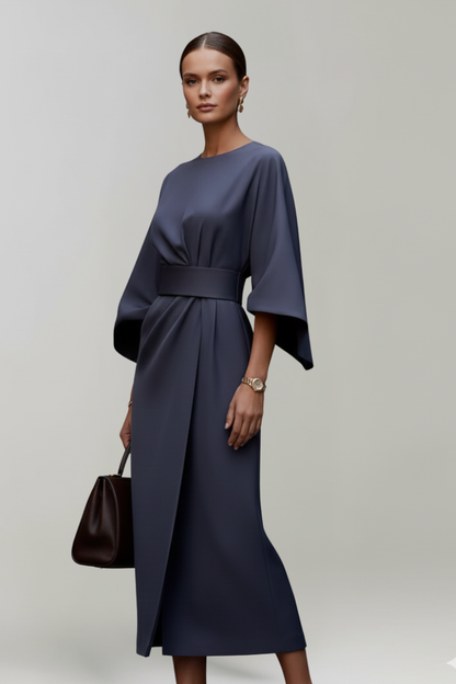 Women's Belted Midi Dress - Wide Sleeve Round Neck Dress