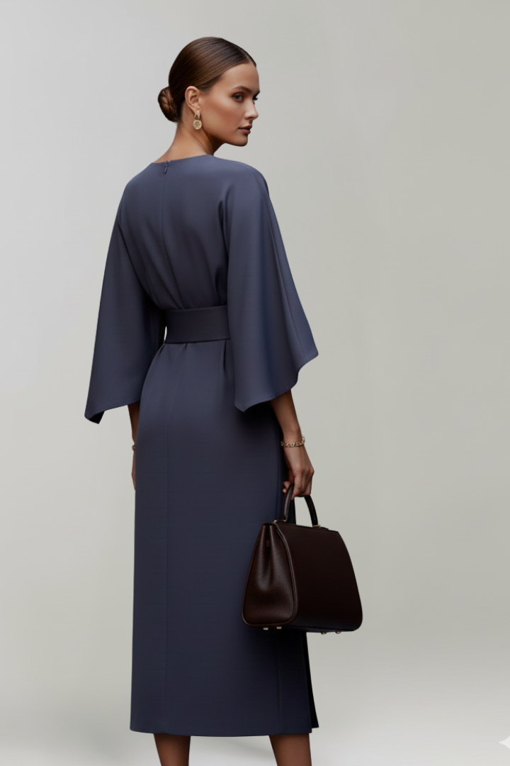 Women's Belted Midi Dress - Wide Sleeve Round Neck Dress