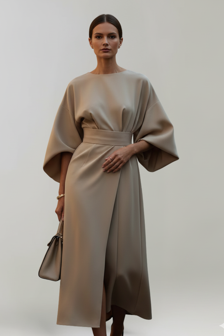 Women's Belted Midi Dress - Wide Sleeve Round Neck Dress