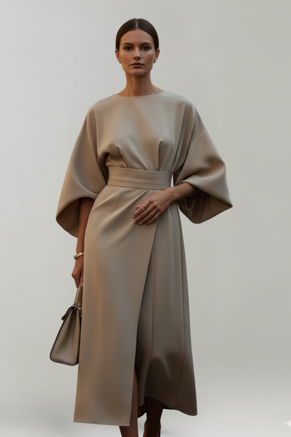 Women's Belted Midi Dress - Wide Sleeve Round Neck Dress