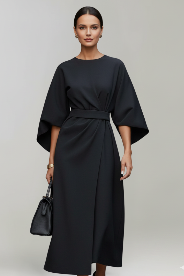 Women's Belted Midi Dress - Wide Sleeve Round Neck Dress