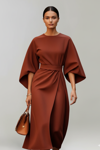 Women's Belted Midi Dress - Wide Sleeve Round Neck Dress
