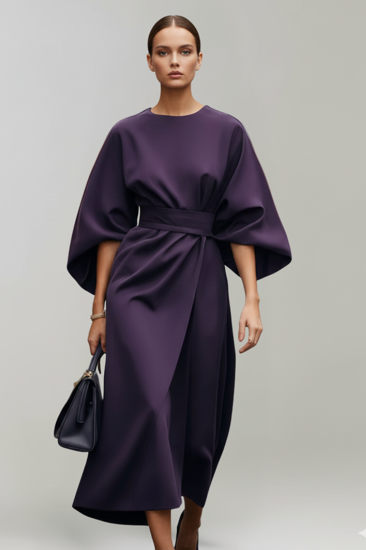 Women's Belted Midi Dress - Wide Sleeve Round Neck Dress