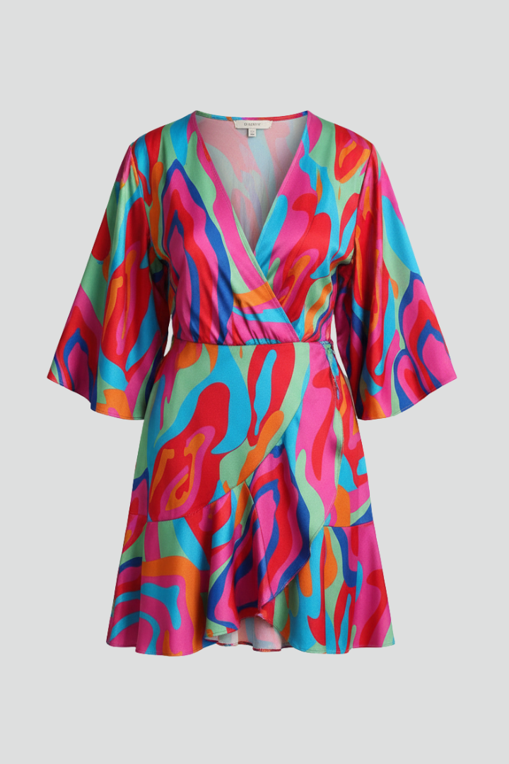 Women's Batwing Mini Dress - V Neck Tie Waist Printed Dress