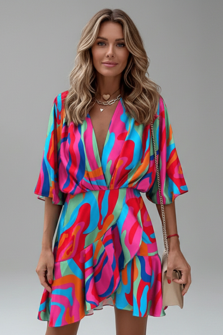 Women's Batwing Mini Dress - V Neck Tie Waist Printed Dress