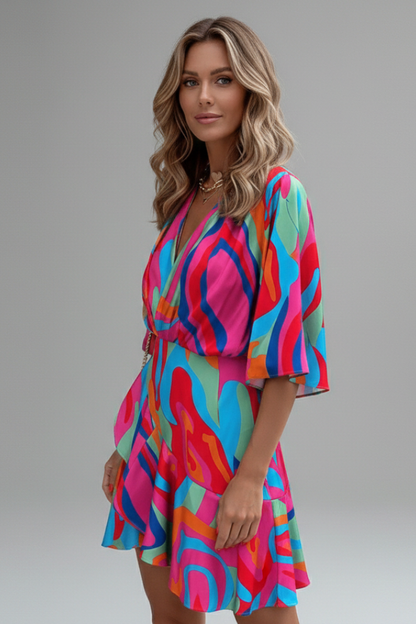 Women's Batwing Mini Dress - V Neck Tie Waist Printed Dress