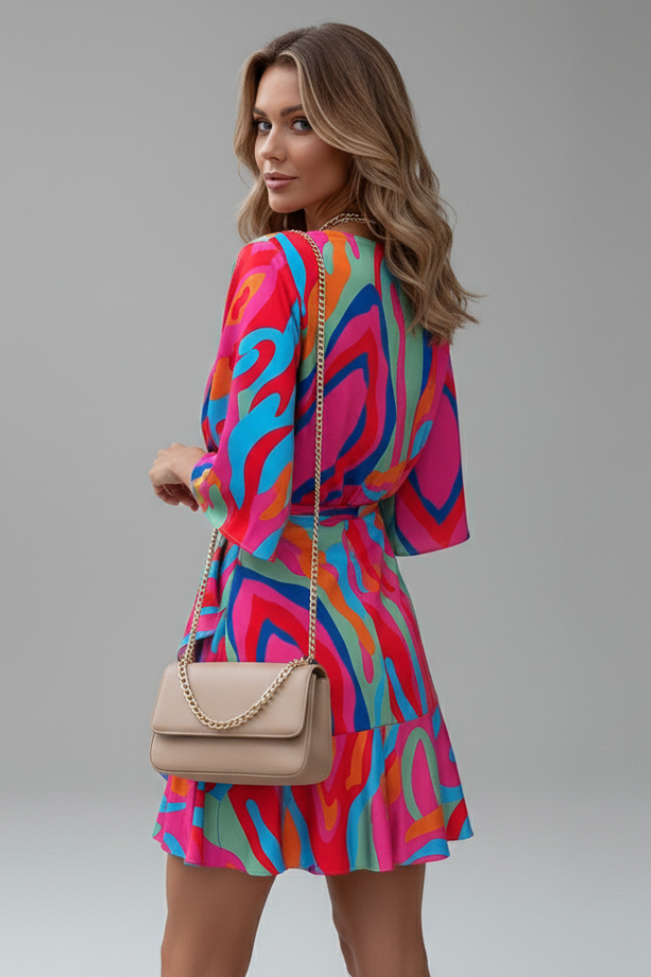 Women's Batwing Mini Dress - V Neck Tie Waist Printed Dress