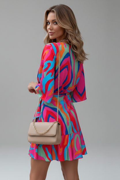 Women's Batwing Mini Dress - V Neck Tie Waist Printed Dress