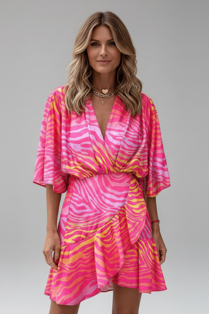 Women's Batwing Mini Dress - V Neck Tie Waist Printed Dress