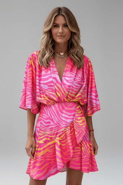 Women's Batwing Mini Dress - V Neck Tie Waist Printed Dress