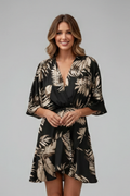 Women's Batwing Mini Dress - V Neck Tie Waist Printed Dress