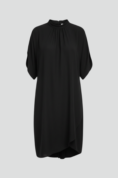 Women's Black Mini Dress - Mock Neck Slit Short Sleeve Shift