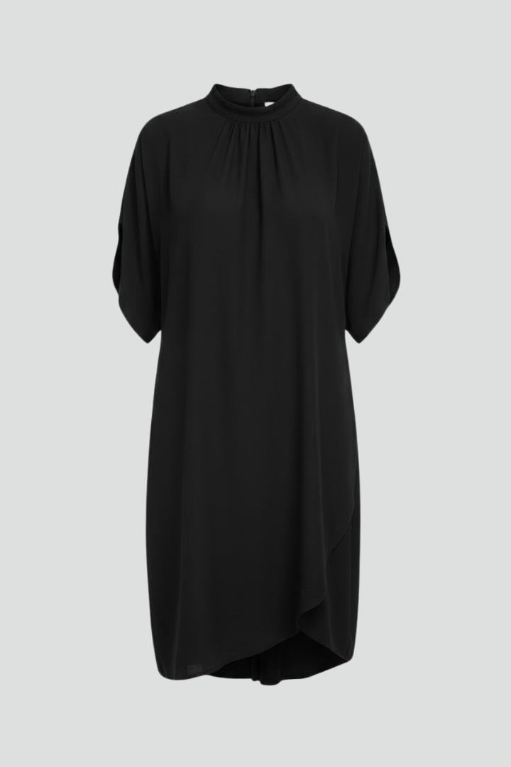 Women's Black Mini Dress - Mock Neck Slit Short Sleeve Shift