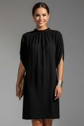 Women's Black Mini Dress - Mock Neck Slit Short Sleeve Shift