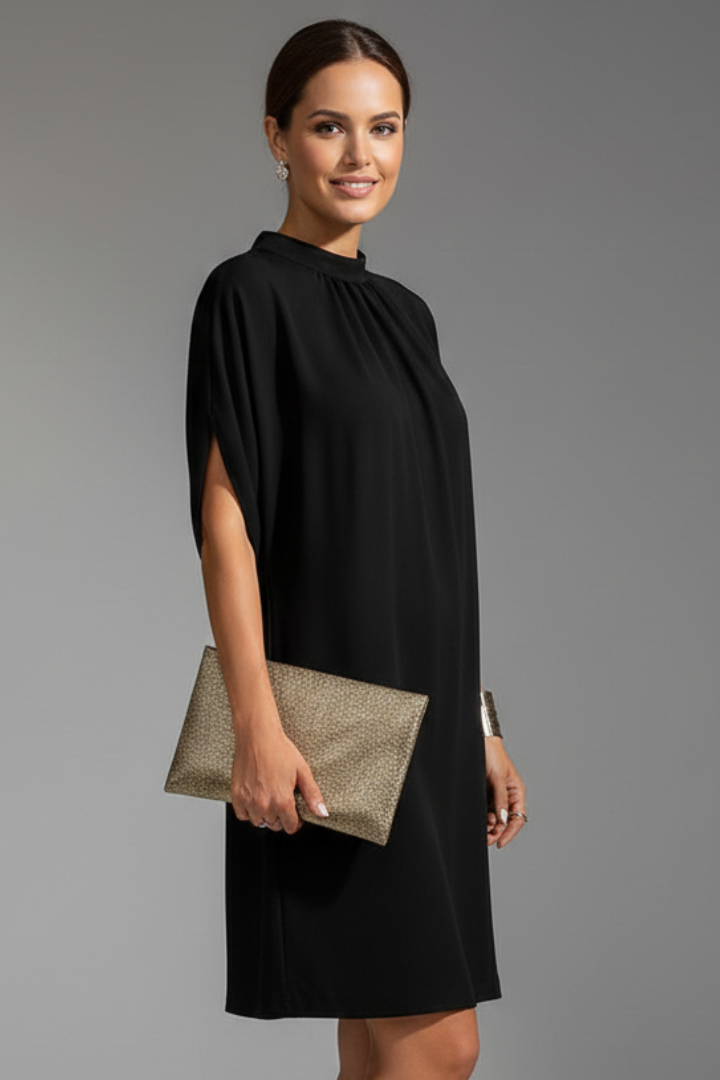 Women's Black Mini Dress - Mock Neck Slit Short Sleeve Shift